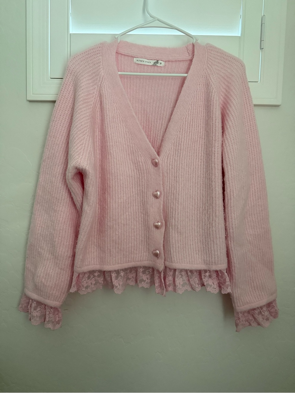 Altar’d State Soft Pink Lace-Trim V-Neck Cardigan Sweater